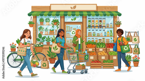 Diverse people shopping at a zero-waste grocery store with reusable bags, fresh produce, and bulk goods in a vibrant, sustainable community market illustration.