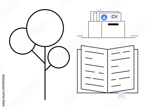 Education concept. Education ed by a tree for growth, an open book for knowledge, and a CV file for career. Education links learning with professional growth. For schools, training, career services
