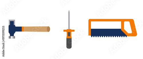 Basic Hand Tools Vector Illustration, Hammer Screwdriver and Handsaw Set for Carpentry and Home Improvement, Construction Equipment on White Background