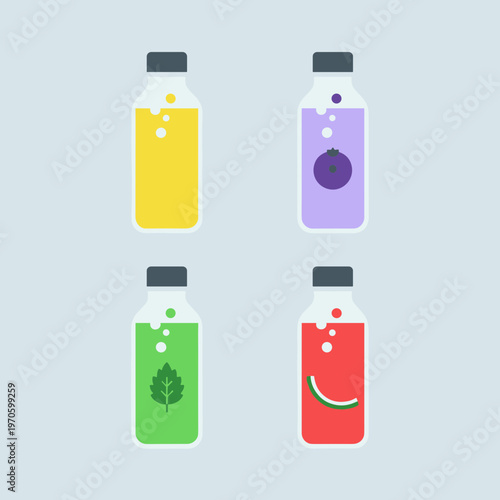 Assorted Fruit Juice Bottles Set, Lemon Blueberry Mint and Watermelon Flavor Drinks, Refreshing Cold Beverage Icons for Healthy Lifestyle Vector