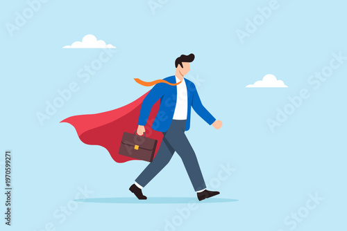 Flat illustration of confident businessman wearing superhero cape walking forward with briefcase symbolizing leadership strength ambition motivation empowerment and professional success
