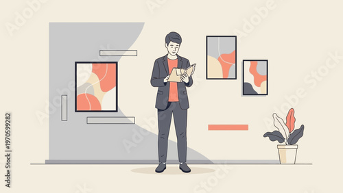 Man in suit reading book in modern art gallery with abstract paintings