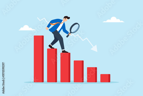 Flat illustration of businessman walking down decrease bar chart while inspecting data with magnifying glass symbolizing problem solving financial analysis business downturn and risk identification