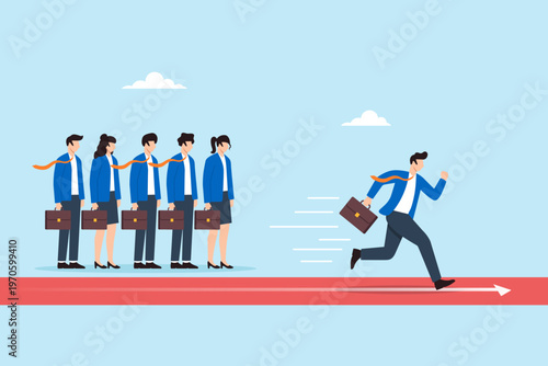 Flat illustration of businessman running in fast lane ahead of long queue of job applicants symbolizing competitive advantage early opportunity proactive career move and standing out from crowd
