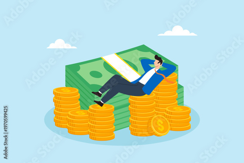 Flat illustration of relaxed businessman lying on large stack of cash and gold coin piles symbolizing financial freedom wealth accumulation passive income successful investment and money prosperity