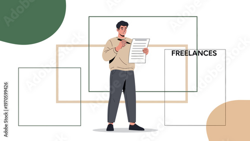 Freelancer with document and pen, modern abstract background, business concept