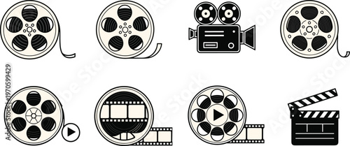 Film and Cinema Icons Set Featuring Movie Reel, Camera, Film Strip, and Clapperboard for Movie Production Illustrations