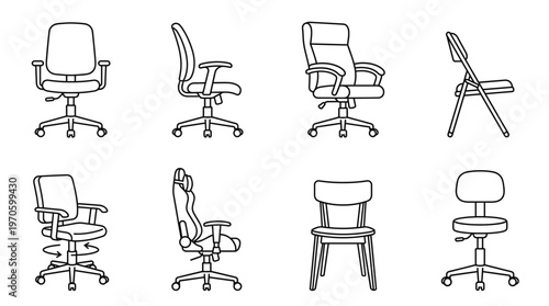 Detailed Office Chair Icons Set Showing Different Angles and Styles for Ergonomic Workspace Design, Linear Furniture Symbols Isolated on White