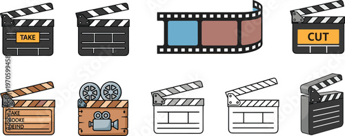 Film Production Clapperboard Icons Set Featuring Take, Cut, Camera, and Film Reel Illustrations for Movie Making