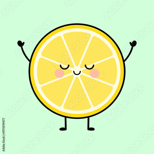 Cute Cartoon Lemon Slice Character with Happy Face and Raised Hands, Kawaii Citrus Fruit Mascot for Healthy Food and Vitamin C Concept Vector