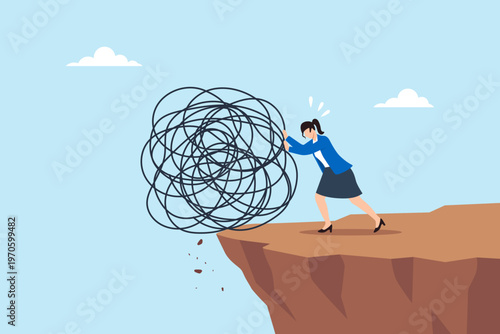 Flat illustration of overwhelmed businesswoman pushing giant tangled mess off cliff symbolizing problem solving, overcoming chaos, stress relief, mental burden management, and challenge resolution