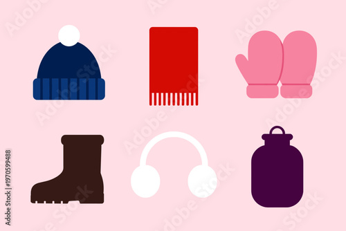 Winter Clothing and Accessories Icons Set Including Hat Scarf Mittens Boot and Ear Muffs, Warm Seasonal Apparel Symbols Isolated on Pink Background