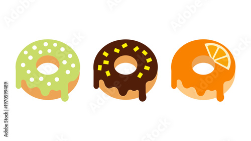 Three Delicious Glazed Donuts with Different Flavors and Toppings Including Chocolate Mint and Orange, Flat Food Dessert Icons Isolated on White