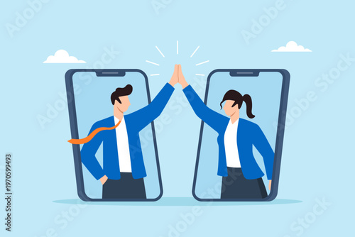 Flat illustration of businessman and businesswoman doing high five through smartphone screens symbolizing remote teamwork virtual collaboration digital communication and online partnership