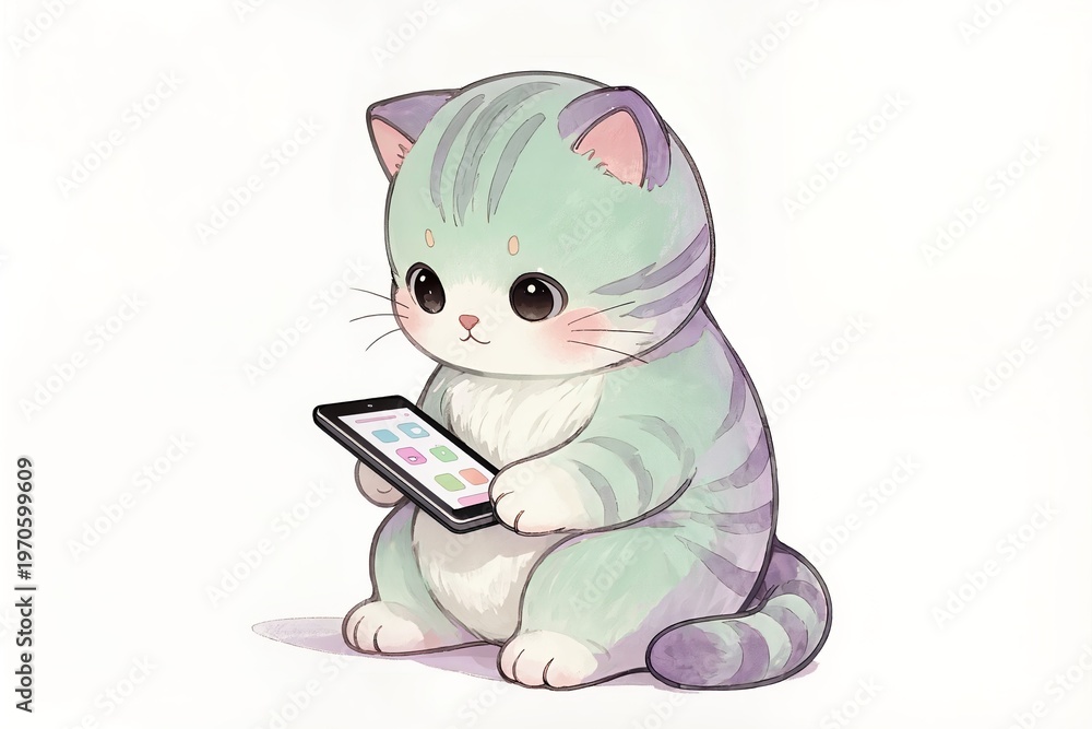 Fototapeta premium cute kitten designer drawing, soft pastel style, resin toy, holding tablet, white background