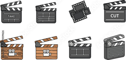 Film Production Clapperboard Icons Set Featuring Take, Cut, Movie, and Director’s Clapboard Illustrations