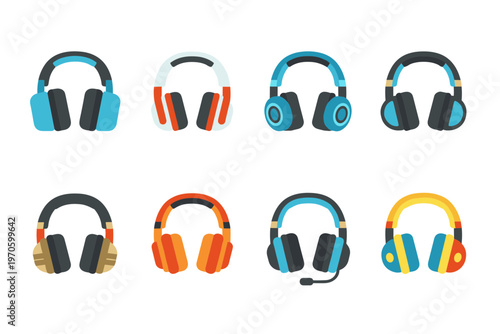 Professional Music Headphones and Gaming Headsets Collection with Various Colors and Designs, Audio Equipment Icons for Listening, Podcasting and Communication