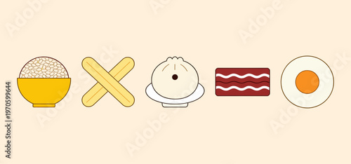 Traditional Breakfast Food Icons Set with Rice Bowl, Dough Sticks, Steamed Bun, Bacon and Fried Egg, Asian and Western Morning Meal Concept Flat Vector Illustration