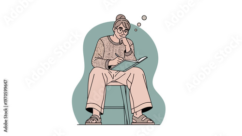 Woman sitting and writing in a notebook, thinking, creative process, illustration
