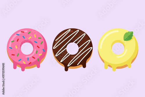 Assorted Glazed Donuts Set with Strawberry Pink, Chocolate Brown and Lemon Yellow Frosting, Sweet Bakery Dessert Collection Isolated on Light Purple Background