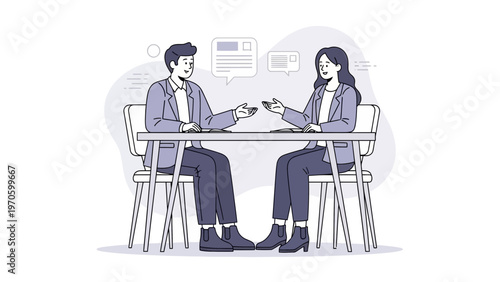 Two professionals in a business meeting, discussing ideas with speech bubbles