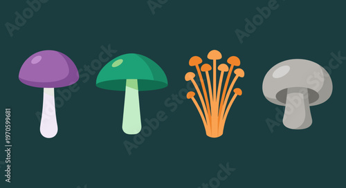 Set of Colorful Mushroom Icons Isolated on Dark Background, Organic Fungus Symbols for Nature, Food, Autumn Season and Forest Illustration Vector