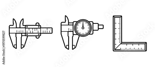 Precision Measurement Tools Set with Vernier Caliper Dial Caliper and L-Square Ruler Line Icons, Engineering and Carpentry Equipment Vector Symbols
