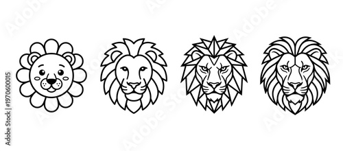 Evolution of Lion Head Logo Designs from Cute Cartoon to Geometric and Realistic Artistic Styles, Vector Set of Predatory Animal Face Symbols