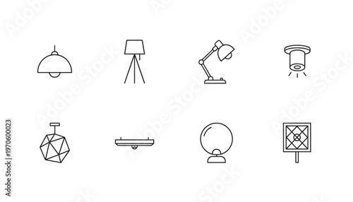 Modern Lighting Fixtures and Lamps Outline Icons Set, Ceiling Lights, Floor Lamps, Desk Lamp and Wall Sconces for Interior Design and Home Decor