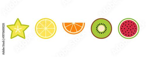 Cross Section of Various Tropical Fruits Icons Set, Starfruit, Lemon, Orange, Kiwi and Watermelon Slices, Healthy Organic Food Ingredients Vector