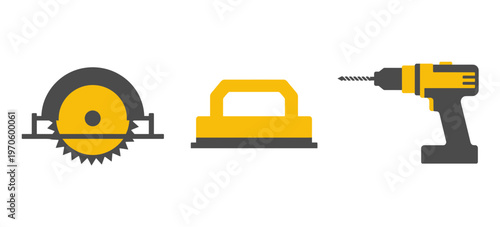 Industrial Power Tools Collection Including Circular Saw, Hand Plane and Electric Power Drill Vector Illustrations Isolated on White Background for DIY