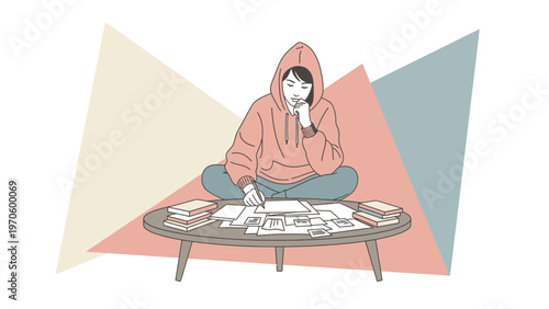 Young Person in Hoodie Studying Papers and Photos at Table