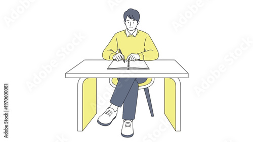 Young Man Studying at Desk, Writing Notes, Focused on Education and Learning