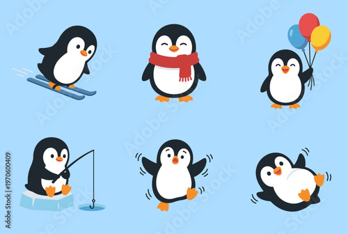 Set of Cute Penguin Characters Doing Various Activities, Skiing, Fishing, Holding Balloons, Scarf and Sliding on Ice Vector Illustrations for Kids