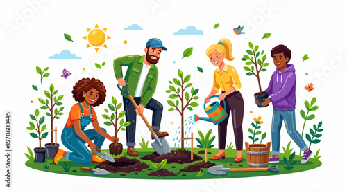 Diverse Group of People Planting Young Trees and Saplings Together in a Sunny Garden, Community Gardening for Environmental Sustainability Flat Vector Artwork.