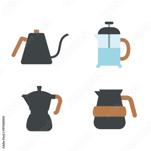 Manual Coffee Brewing Equipment Set with Gooseneck Kettle, French Press, Moka Pot and Server, Barista Tools for Cafe and Home Kitchen Vector Icons