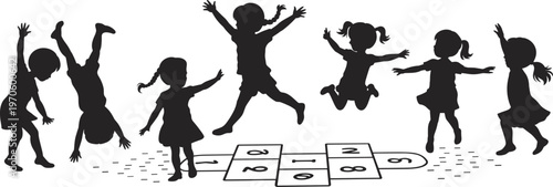 Children playing hopscotch silhouette set, happy kids jumping outdoor playground game, childhood activity vector illustration isolated