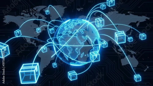Global delivery logistics center concept showing transportation loading of packages by van and automobile with digital network connections and worldwide package shipment routes