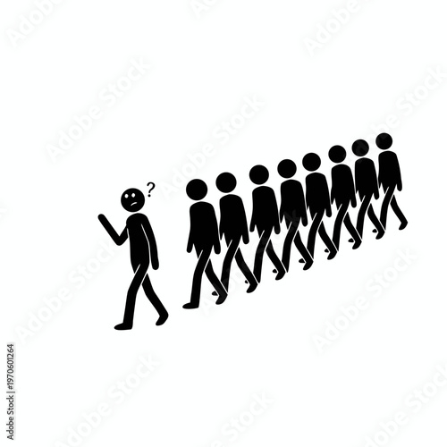 Minimalist stick figure illustration of a person walking in the opposite direction of a crowd representing non conformity and individuality