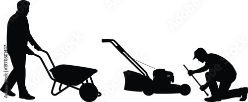 Gardener silhouettes with wheelbarrow and lawn mower, landscaping activity set, black vector illustration for gardening, outdoor work, maintenance, and yard care concepts