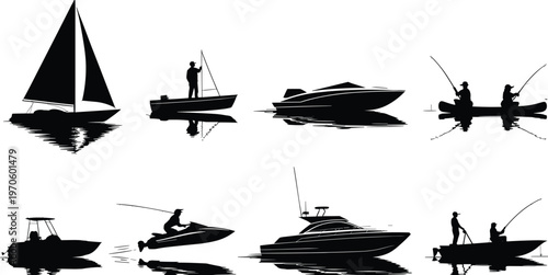 Collection of boat and fishing silhouettes including sailboat, motorboat, yacht, kayak, jet ski with water reflections isolated vector set