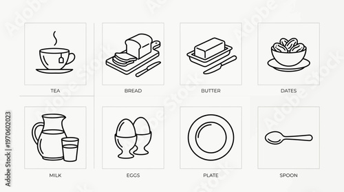 Breakfast icons: tea, bread, butter, dates, milk, eggs, plate, spoon.