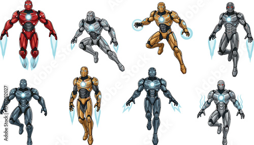 Futuristic Robot Vector Set with Flying Cyborg Characters, Sci Fi Armor Suits, and Advanced Technology Designs