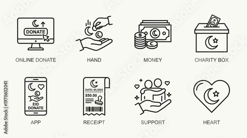 Charity icons: online donate, hand, money, box, app, receipt, support, heart.