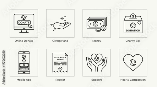 Charity icons: online donate, hand, money, box, app, receipt, support, heart.