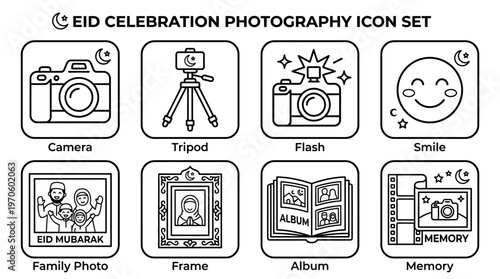 Photography icons: camera, flash, tripod, portrait, emoji, frame, album, heart-light.