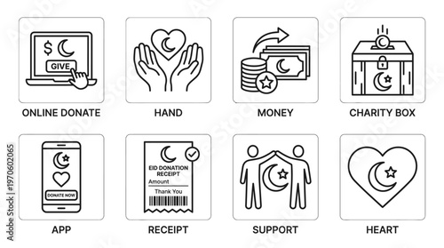 Charity icons: online donate, hand, money, box, app, receipt, support, heart.