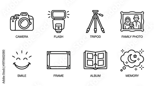 Photography icons: camera, flash, tripod, portrait, emoji, frame, album, heart-light.