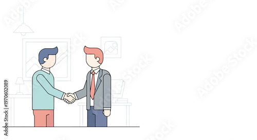 Two cartoon businessmen in an office setting shaking hands, symbolizing a successful deal, partnership, or mutual agreement.
