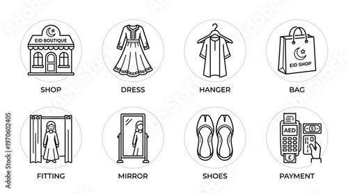 Clothing shopping icons showing shop, dress, hanger, eco bag, fitting, mirror, shoes, and payment